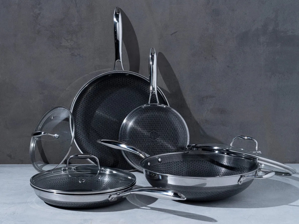 HEXCLAD by Gordon Ramsay Sett med 3 stekepanner og 1 Wok, 3 lokk, hybrid